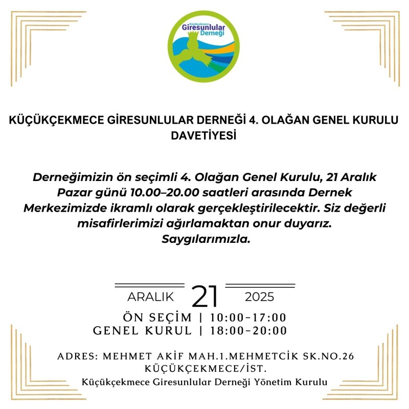 Küçükçekmece Giresunlular Derneği’nde Genel Kurul Heyecanı: “Demokrasi Şölenine Davetlisiniz”